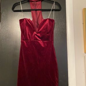 Burgundy velvet mini dress w choker neck